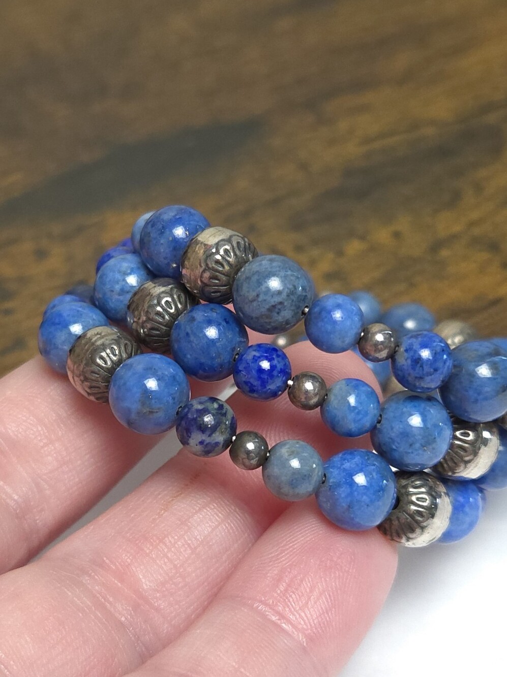 Vintage Lapis Lazuli Stone & Sterling Silver Beaded Wrap Bracelet Carlise CP 925 - Picture 7 of 13